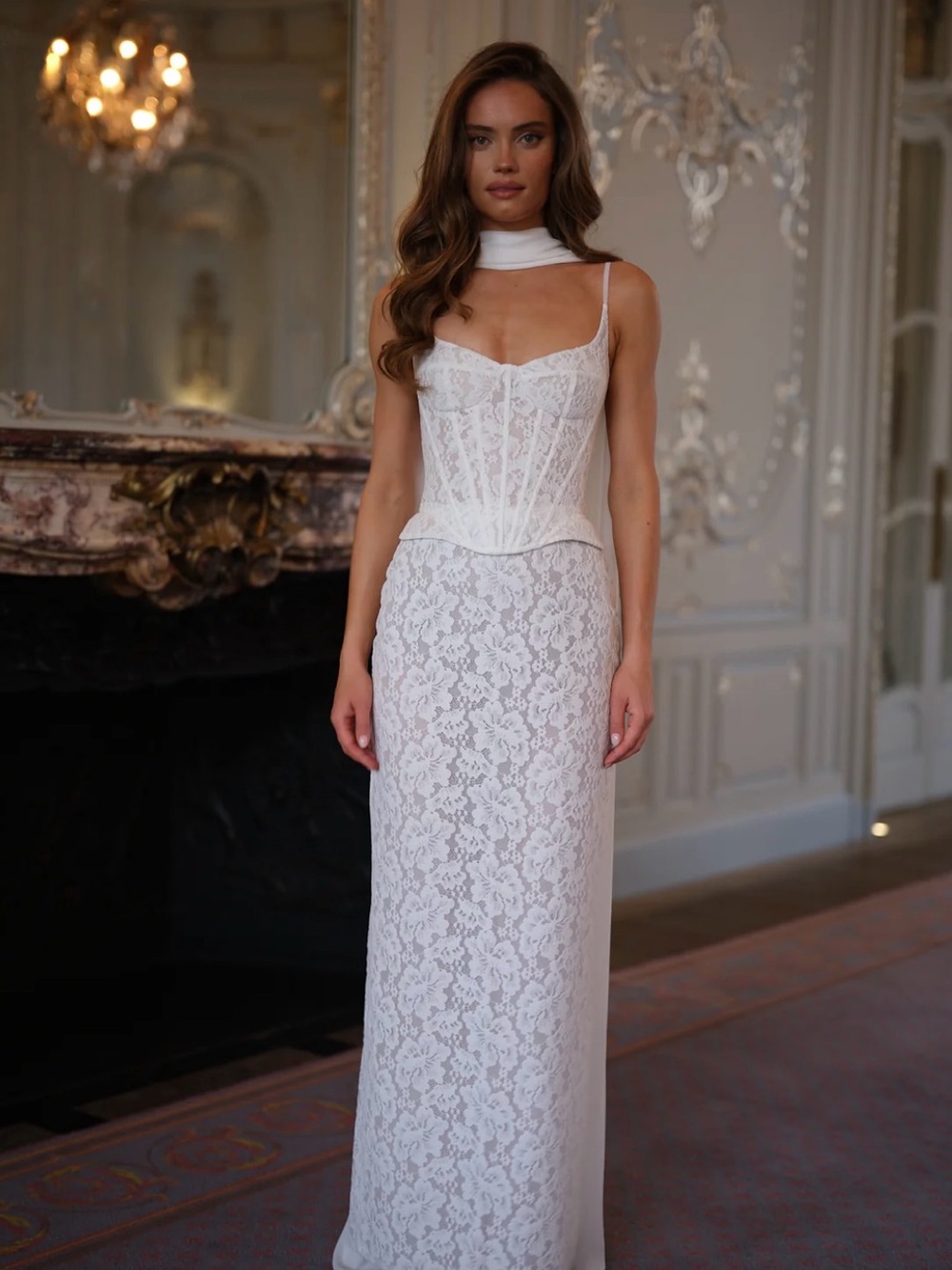 Elegant White Lace Maxi Dress with Corset Bodice